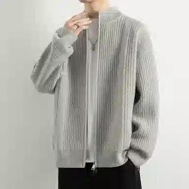 顶峰保罗 日系慵懒风潮牌立领双拉链开衫外套高街百搭无性别主义宽松大码休闲运动纯色上衣显高显瘦轻熟风毛衣 男女同款