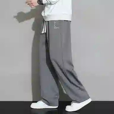 顶峰保罗 直筒百搭阔腿长裤宽松垂感舒适运动冰丝潮牌小熊刺绣侧边条纹高街无性别主义休闲裤 男女同款