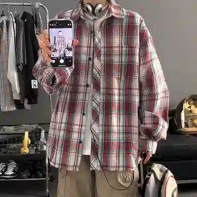 顶峰保罗 美式复古撞色格子宽松休闲衬衣外套春秋穿搭情侣款通勤潮流百搭高级感翻领衬衫 男女同款