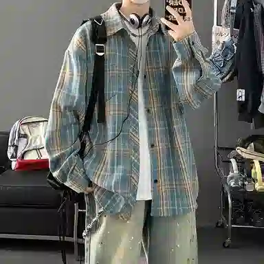 顶峰保罗 美式复古撞色格子宽松休闲衬衣外套春秋穿搭情侣款通勤潮流百搭高级感翻领衬衫 男女同款