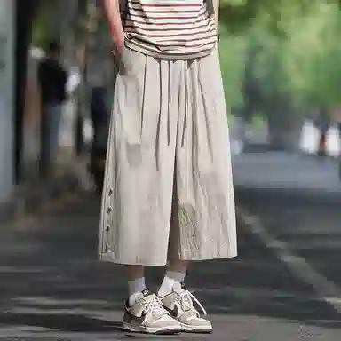 顶峰保罗 新中式纯棉薄款宽松阔腿国潮无性别主义纯色潮牌盘扣七分裤弹力抽绳显高直筒大码休闲短裤 男女同款