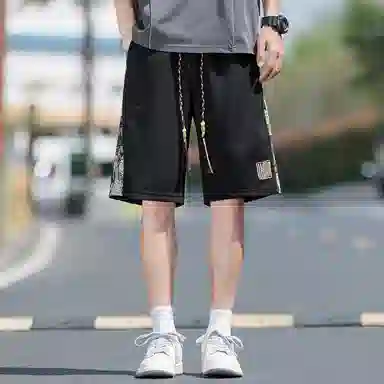 顶峰保罗 中式潮牌痞帅潮流刺绣运动无性别主义五分裤子薄款加肥加大码国风时尚百搭设计感休闲短裤 男女同款