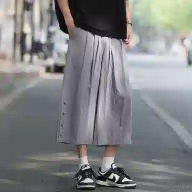 顶峰保罗 新中式纯棉薄款宽松阔腿国潮无性别主义纯色潮牌盘扣七分裤弹力抽绳显高直筒大码休闲短裤 男女同款