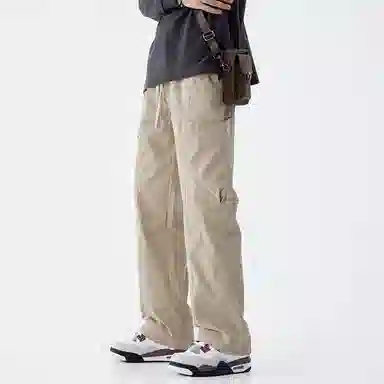 顶峰保罗 美式冰丝潮牌工装裤系带纯色无性别主义宽松中腰直筒百搭弹力显高阔腿垂感长裤休闲裤 男女同款