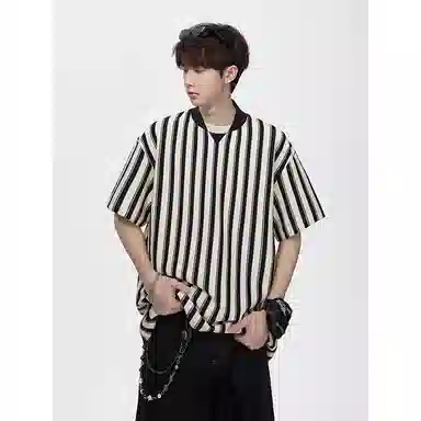 顶峰保罗 竖条纹拼接撞色复古打底衫上衣日系潮牌宽松小众百搭凉感薄款舒适翻领短袖衬衫 男女同款