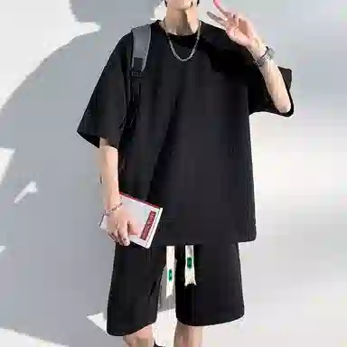 顶峰保罗 简约小众设计感冰丝薄款舒适无性别主义圆领短袖上衣美式潮牌宽松短裤休闲运动套装 男女同款