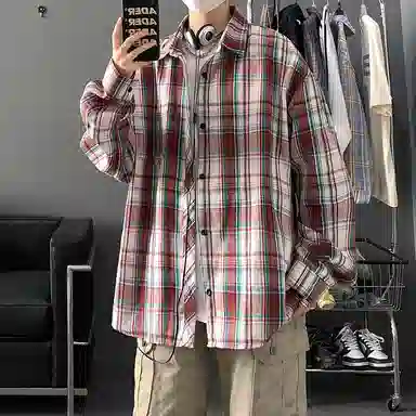 顶峰保罗 美式复古撞色格子宽松休闲衬衣外套春秋穿搭情侣款通勤潮流百搭高级感翻领衬衫 男女同款