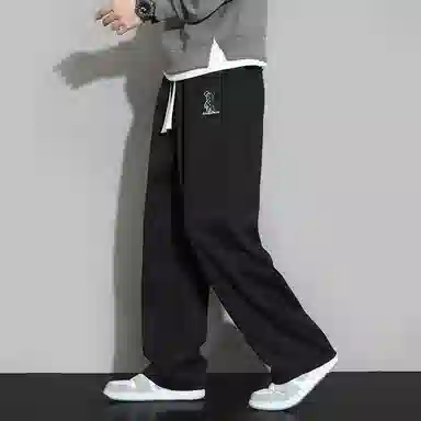 顶峰保罗 直筒百搭阔腿长裤宽松垂感舒适运动冰丝潮牌小熊刺绣侧边条纹高街无性别主义休闲裤 男女同款