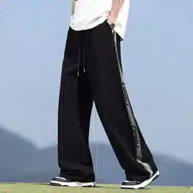 顶峰保罗 美式冰丝侧边条纹薄款潮牌垂感宽松阔腿无性别主义直筒运动长裤百搭弹力抽绳显高垂顺休闲裤 男女同款