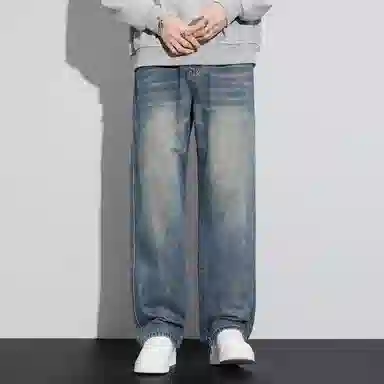 顶峰保罗 美式复古高街水洗做旧星空纹阔腿无性别主义直筒休闲运动潮牌长裤弹力显高显瘦宽松大码简约百搭加绒加厚垂感牛仔裤 男女同款