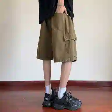 顶峰保罗 美式纯棉机能潮牌宽松百搭简约五分裤薄款透气无性别主义松紧腰直筒运动多口袋工装痞帅休闲短裤 男女同款