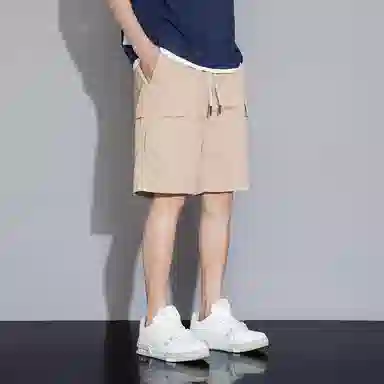 顶峰保罗 美式冰丝休闲百搭五分裤轻薄中裤潮牌痞帅松紧腰速干纯色宽松简约无性别主义直筒透气运动工装短裤 男女同款