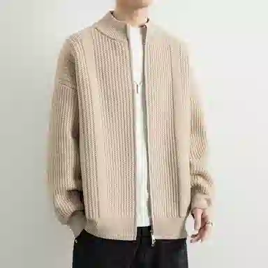 顶峰保罗 日系慵懒风潮牌立领双拉链开衫外套高街百搭无性别主义宽松大码休闲运动纯色上衣显高显瘦轻熟风毛衣 男女同款