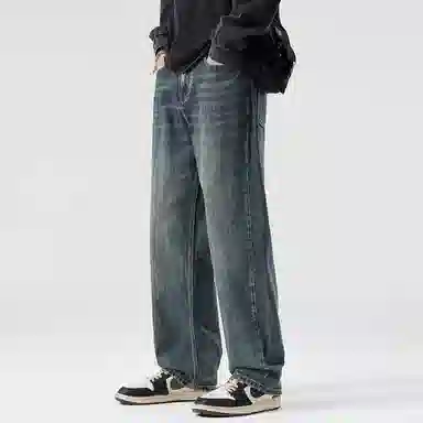 顶峰保罗 美式潮牌阔腿无性别主义直筒休闲复古高街水洗做旧运动长裤弹力显高显瘦宽松大码简约百搭加绒加厚垂感牛仔裤 男女同款