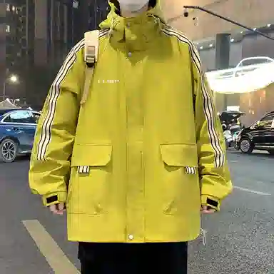 顶峰保罗 美式条纹拼接撞色拉链休闲工装长袖连帽上衣无性别主义直筒宽松加肥加大简约百搭潮牌高街夹克外套 男女同款