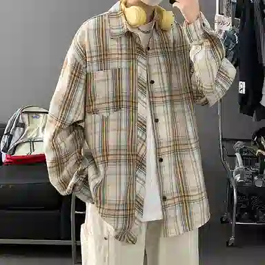 顶峰保罗 美式复古撞色格子宽松休闲衬衣外套春秋穿搭情侣款通勤潮流百搭高级感翻领衬衫 男女同款