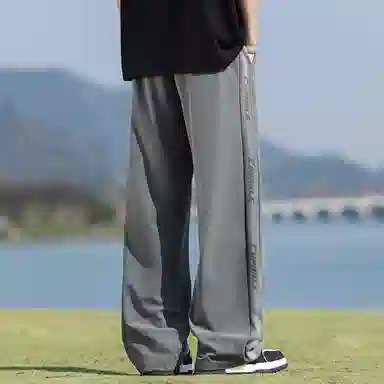 顶峰保罗 美式冰丝侧边条纹薄款潮牌垂感宽松阔腿无性别主义直筒运动长裤百搭弹力抽绳显高垂顺休闲裤 男女同款