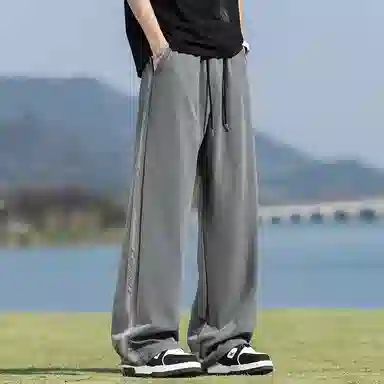 顶峰保罗 美式冰丝侧边条纹薄款潮牌垂感宽松阔腿无性别主义直筒运动长裤百搭弹力抽绳显高垂顺休闲裤 男女同款