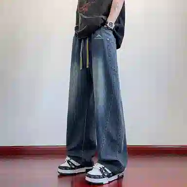 顶峰保罗 撞色抽绳凉感透气美式弯刀直筒长裤复古潮流情侣薄款宽松休闲小众百搭大码阔腿牛仔裤 男女同款