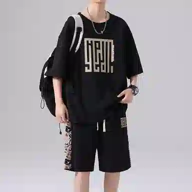 顶峰保罗 新中式印花短袖上衣宽松潮流时尚短裤休闲运动套装 男女同款
