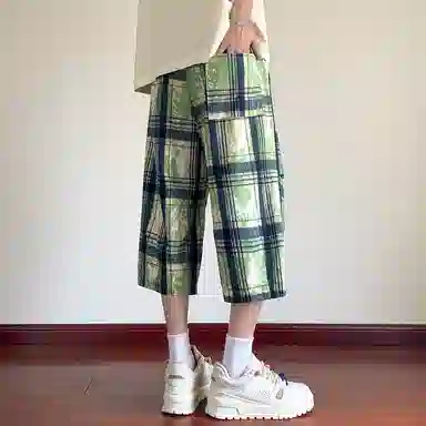 顶峰保罗 扎染格子迷彩七分裤子冰丝薄款运动时尚百搭设计感无性别主义直筒过膝加肥加大码休闲短裤 男女同款