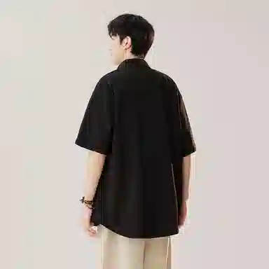 顶峰保罗 新中式竹子盘扣薄款国风宽松百搭无性别主义垂感休闲复古肌理感刺绣痞帅潮牌透气短袖衬衫 男女同款