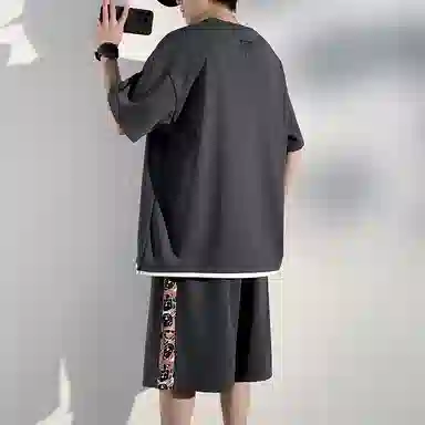 顶峰保罗 新中式国潮冰丝健身篮球圆领短袖短裤一整套无性别主义弹力松紧腰显高宽松加肥加大舒适百搭休闲运动套装 男女同款