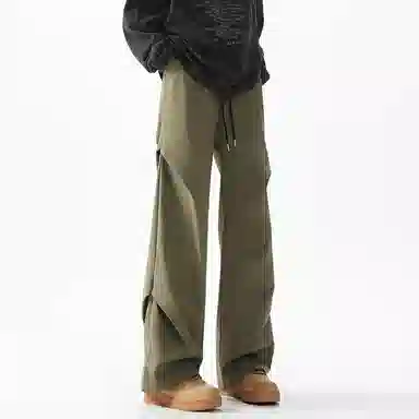 顶峰保罗 美式冰丝褶皱工装直筒无性别主义户外登山骑行运动健身阔腿伞兵解构设计长裤弹力抽绳显高百搭宽松大码高街潮牌休闲裤 男女同款