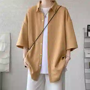 顶峰保罗 无性别主义痞帅潮牌薄款凉感亲肤透气宽松半袖休闲衬衣时尚百搭外套高级感短袖衬衫 男女同款