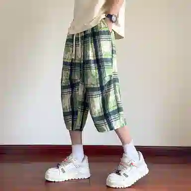 顶峰保罗 扎染格子迷彩七分裤子冰丝薄款运动时尚百搭设计感无性别主义直筒过膝加肥加大码休闲短裤 男女同款