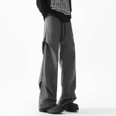 顶峰保罗 美式冰丝褶皱工装直筒无性别主义户外登山骑行运动健身阔腿伞兵解构设计长裤弹力抽绳显高百搭宽松大码高街潮牌休闲裤 男女同款