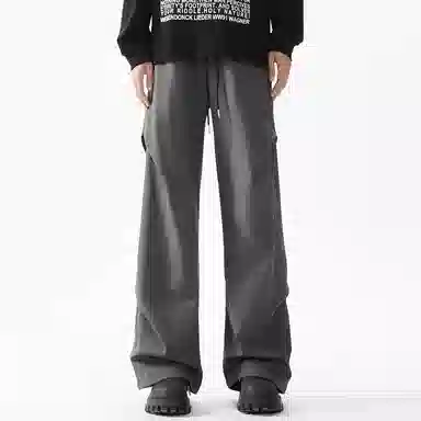 顶峰保罗 美式冰丝褶皱工装直筒无性别主义户外登山骑行运动健身阔腿伞兵解构设计长裤弹力抽绳显高百搭宽松大码高街潮牌休闲裤 男女同款