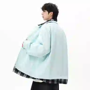 顶峰保罗 美式假两件格纹拼接翻领长袖外套无性别主义休闲复古潮牌宽松大码上衣简约百搭显高显瘦夹克 男女同款