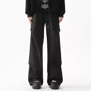 顶峰保罗 美式冰丝褶皱工装直筒无性别主义户外登山骑行运动健身阔腿伞兵解构设计长裤弹力抽绳显高百搭宽松大码高街潮牌休闲裤 男女同款