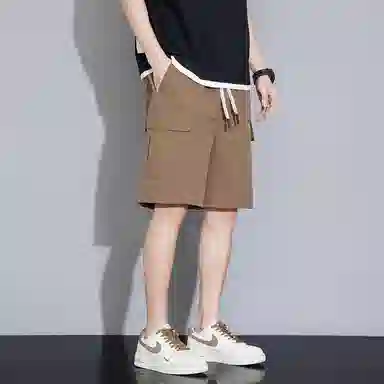 顶峰保罗 美式冰丝休闲百搭五分裤轻薄中裤潮牌痞帅松紧腰速干纯色宽松简约无性别主义直筒透气运动工装短裤 男女同款