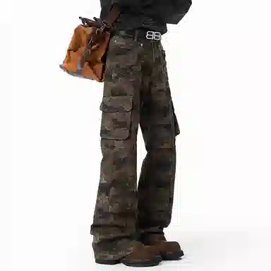 顶峰保罗 美式复古迷彩多口袋工装无性别主义微喇阔腿街头低腰高街伐木弹力长裤宽松百搭嘻哈休闲裤 男女同款