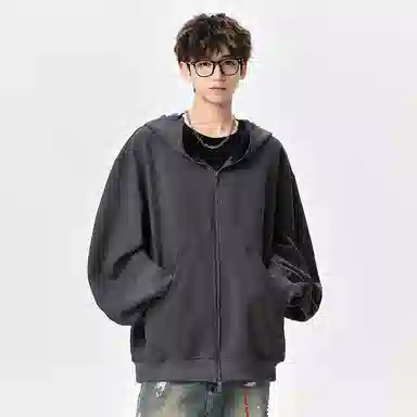 顶峰保罗 美式重磅连帽开衫双头拉链外套无性别主义休闲潮牌高街百搭上衣简约时尚纯色痞帅慵懒风长袖卫衣 男女同款