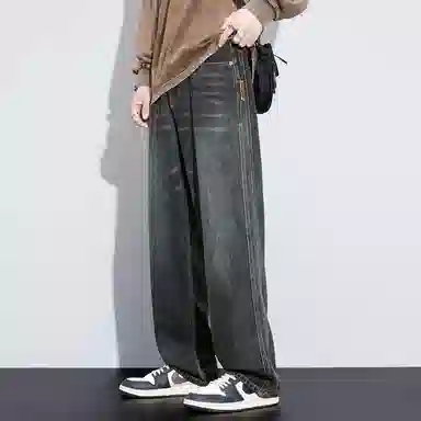 顶峰保罗 美式复古高街水洗做旧星空纹阔腿无性别主义直筒休闲运动潮牌长裤弹力显高显瘦宽松大码简约百搭加绒加厚垂感牛仔裤 男女同款