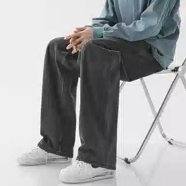 顶峰保罗 美式宽松百搭透气无性别主义弹力透气垂感休闲潮流阔腿拖地牛仔裤 男女同款