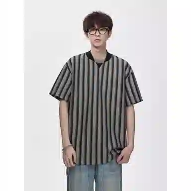 顶峰保罗 竖条纹拼接撞色复古打底衫上衣日系潮牌宽松小众百搭凉感薄款舒适翻领短袖衬衫 男女同款