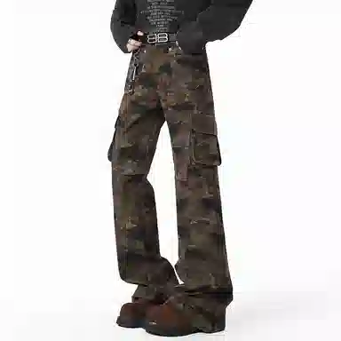顶峰保罗 美式复古迷彩多口袋工装无性别主义微喇阔腿街头低腰高街伐木弹力长裤宽松百搭嘻哈休闲裤 男女同款