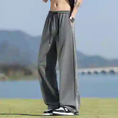 顶峰保罗 美式冰丝侧边条纹薄款潮牌垂感宽松阔腿无性别主义直筒运动长裤百搭弹力抽绳显高垂顺休闲裤 男女同款