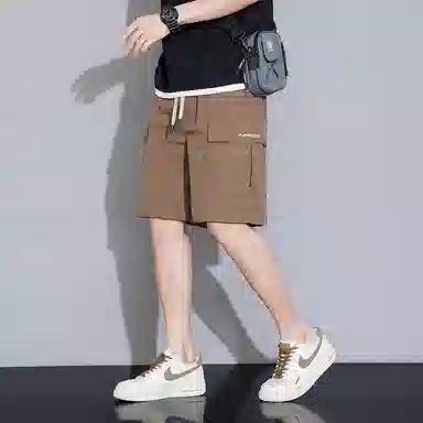 顶峰保罗 美式冰丝休闲百搭五分裤轻薄中裤潮牌痞帅松紧腰速干纯色宽松简约无性别主义直筒透气运动工装短裤 男女同款