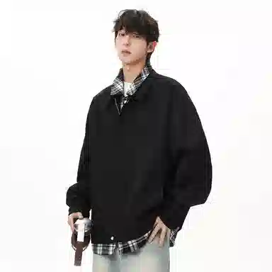 顶峰保罗 美式假两件格纹拼接翻领长袖外套无性别主义休闲复古潮牌宽松大码上衣简约百搭显高显瘦夹克 男女同款