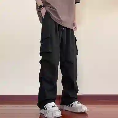 顶峰保罗 冰丝速干褶皱工装无性别主义长裤松紧腰弹力显高显瘦宽松大码透气百搭简约大口袋休闲裤 男女同款