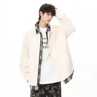 顶峰保罗 美式假两件格纹拼接翻领长袖外套无性别主义休闲复古潮牌宽松大码上衣简约百搭显高显瘦夹克 男女同款