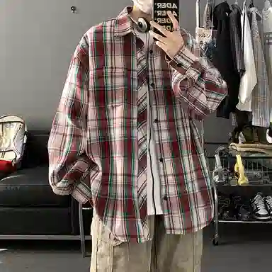 顶峰保罗 美式复古撞色格子宽松休闲衬衣外套春秋穿搭情侣款通勤潮流百搭高级感翻领衬衫 男女同款