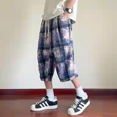 顶峰保罗 扎染格子迷彩七分裤子冰丝薄款运动时尚百搭设计感无性别主义直筒过膝加肥加大码休闲短裤 男女同款