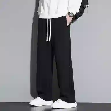 顶峰保罗 冰丝直筒阔腿无性别主义纯色基础款运动拖地卫裤弹力抽绳显高百搭宽松大码潮牌时尚垂感休闲裤 男女同款