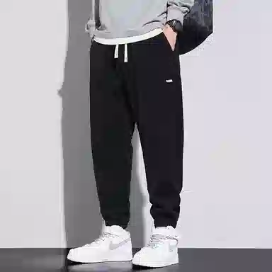 顶峰保罗 美式重磅加绒加厚潮牌弹力抽绳显高显瘦束脚哈伦卫裤无性别主义宽松大码运动长裤简约百搭高街休闲裤 男女同款